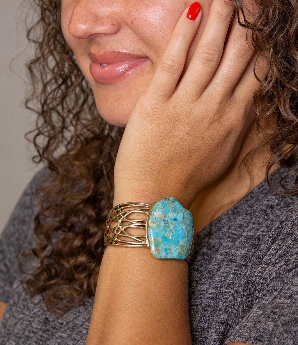 Abstract Blue Turquoise Golden Statement Cuff | Bracelets | Wiccan Center