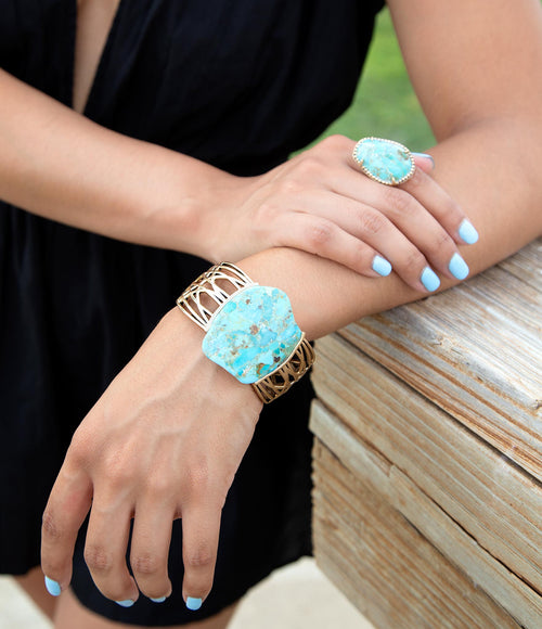 Abstract Blue Turquoise Golden Statement Cuff | Bracelets | Wiccan Center