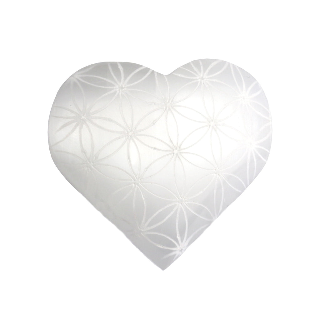 Selenite Heart with Etched Flower of Life from Morocco - Sacred Geometry | Crystals & Minerals > Figurines | Wiccan Center
