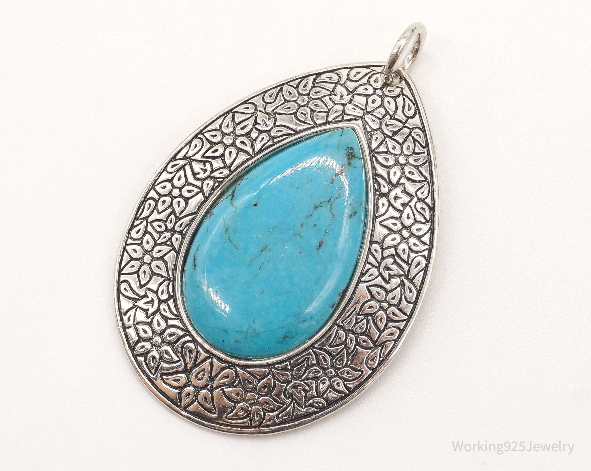 Vintage Large Turquoise Floral Etched Sterling Silver Necklace Pendant | Jewelry > Necklaces > Pendants | Wiccan Center