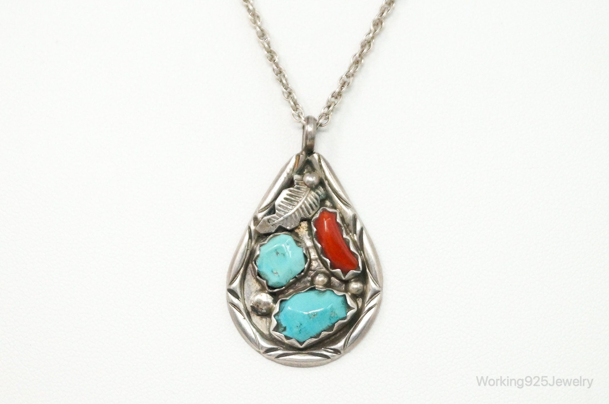 VTG Native American Afonso Penketewa Turquoise Coral Sterling Silver Necklace | Jewelry > Necklaces > Pendants | Wiccan Center