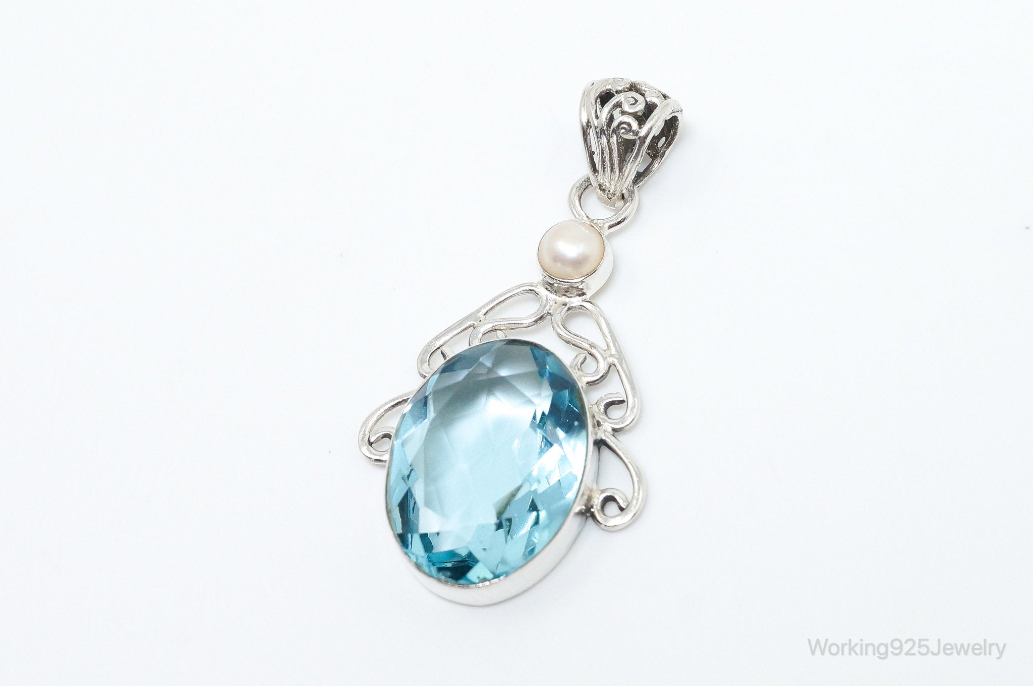 Vintage Art Deco Large Blue Topaz Pearl Sterling Silver Pendant | Jewelry > Necklaces > Pendants | Wiccan Center