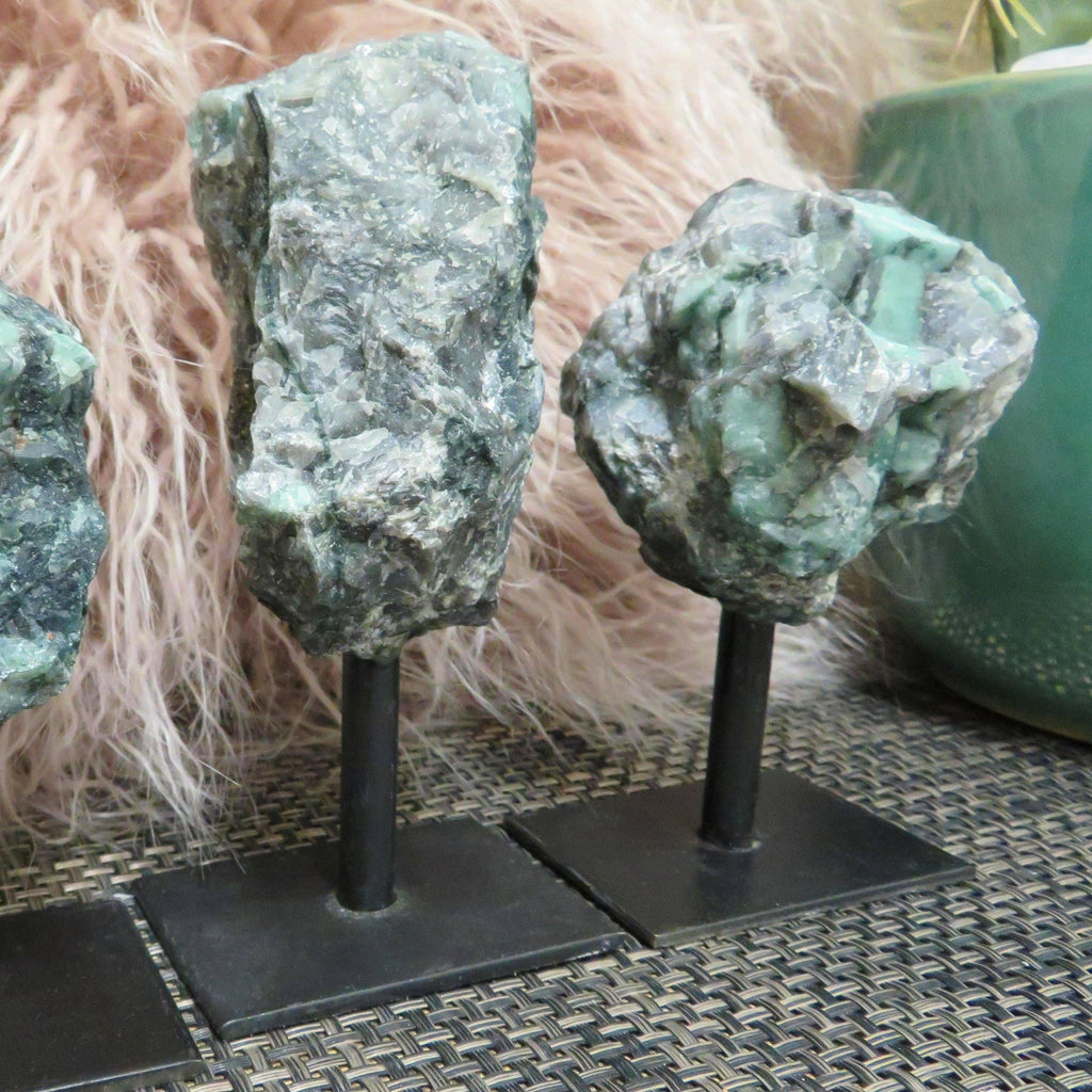 Raw Emerald Cluster on Metal Stand