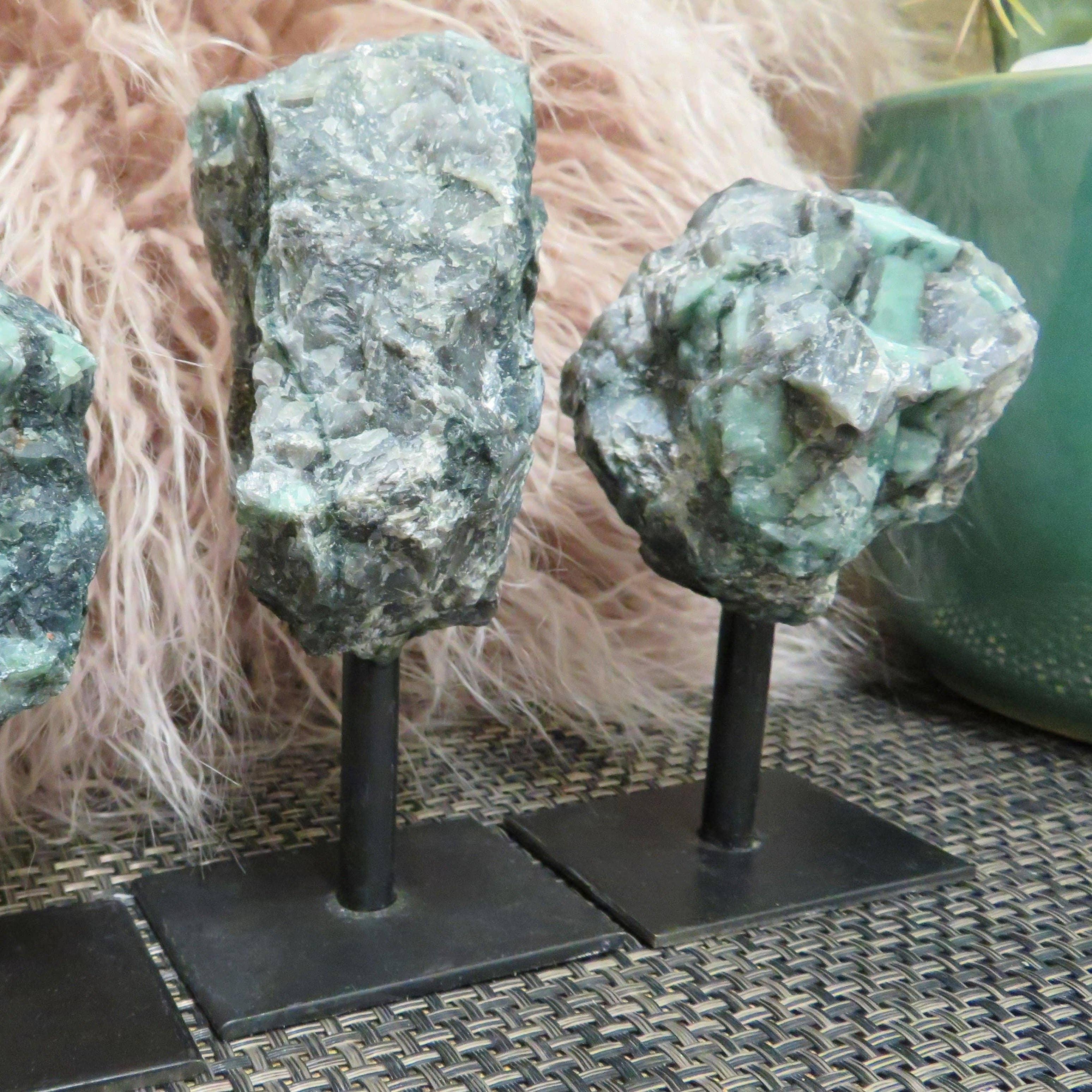 Raw Emerald Cluster on Metal Stand
