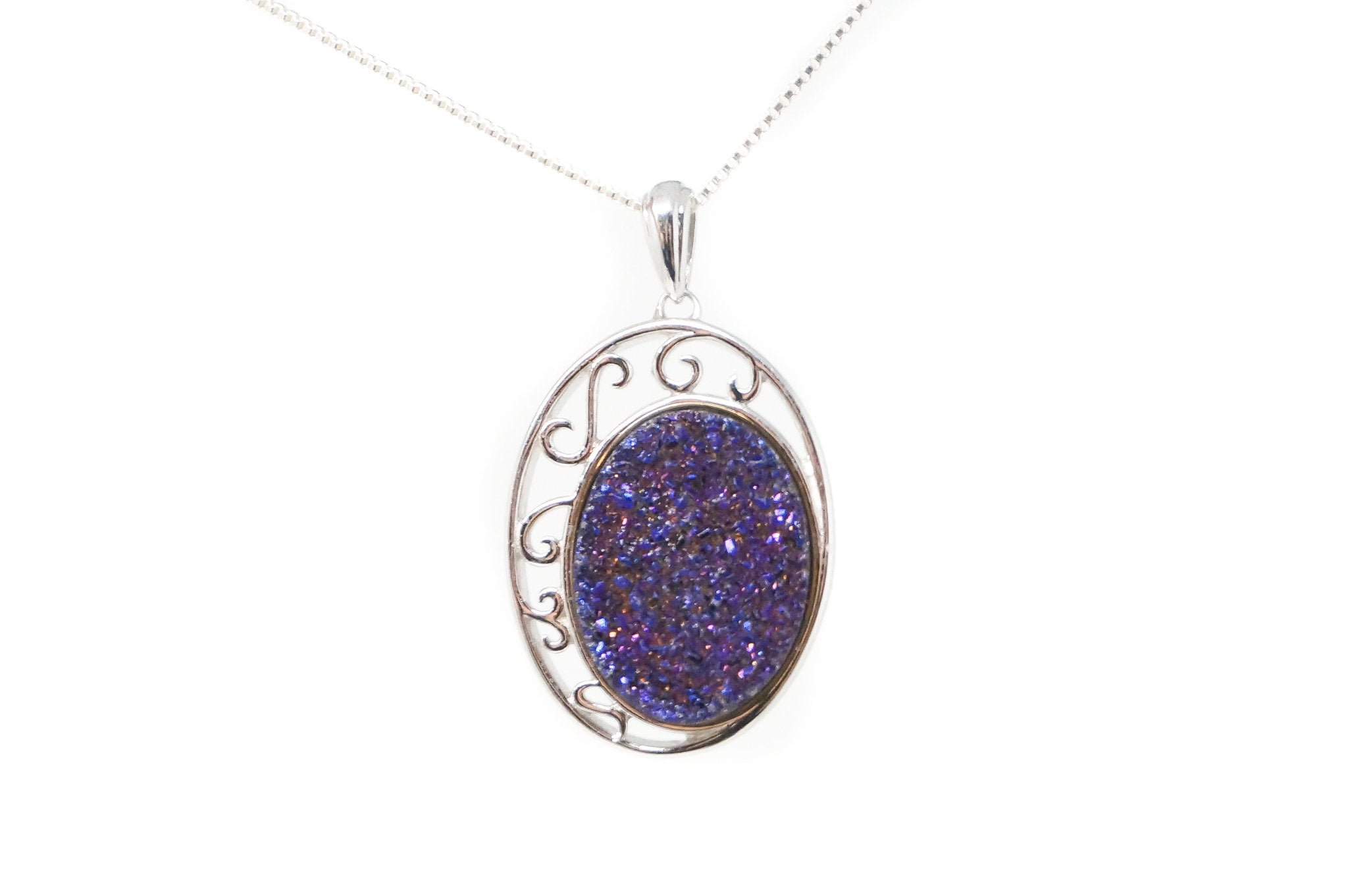 Vintage Designer TGGC Purple Druzy Quartz Art Deco Style Sterling Silver Pendant | Jewelry > Necklaces > Pendants | Wiccan Center