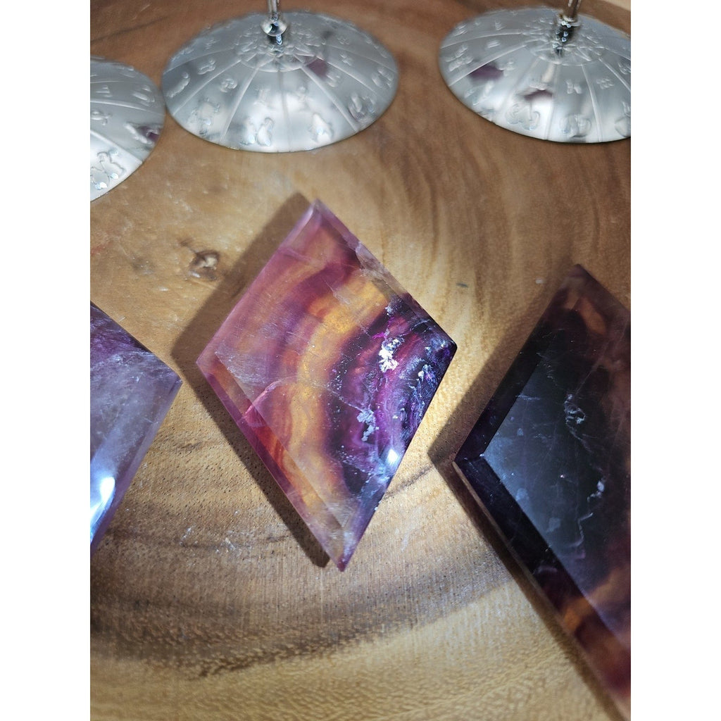 1 Each Natural Rainbow Fluorite Diamond W/ Zodiac stand