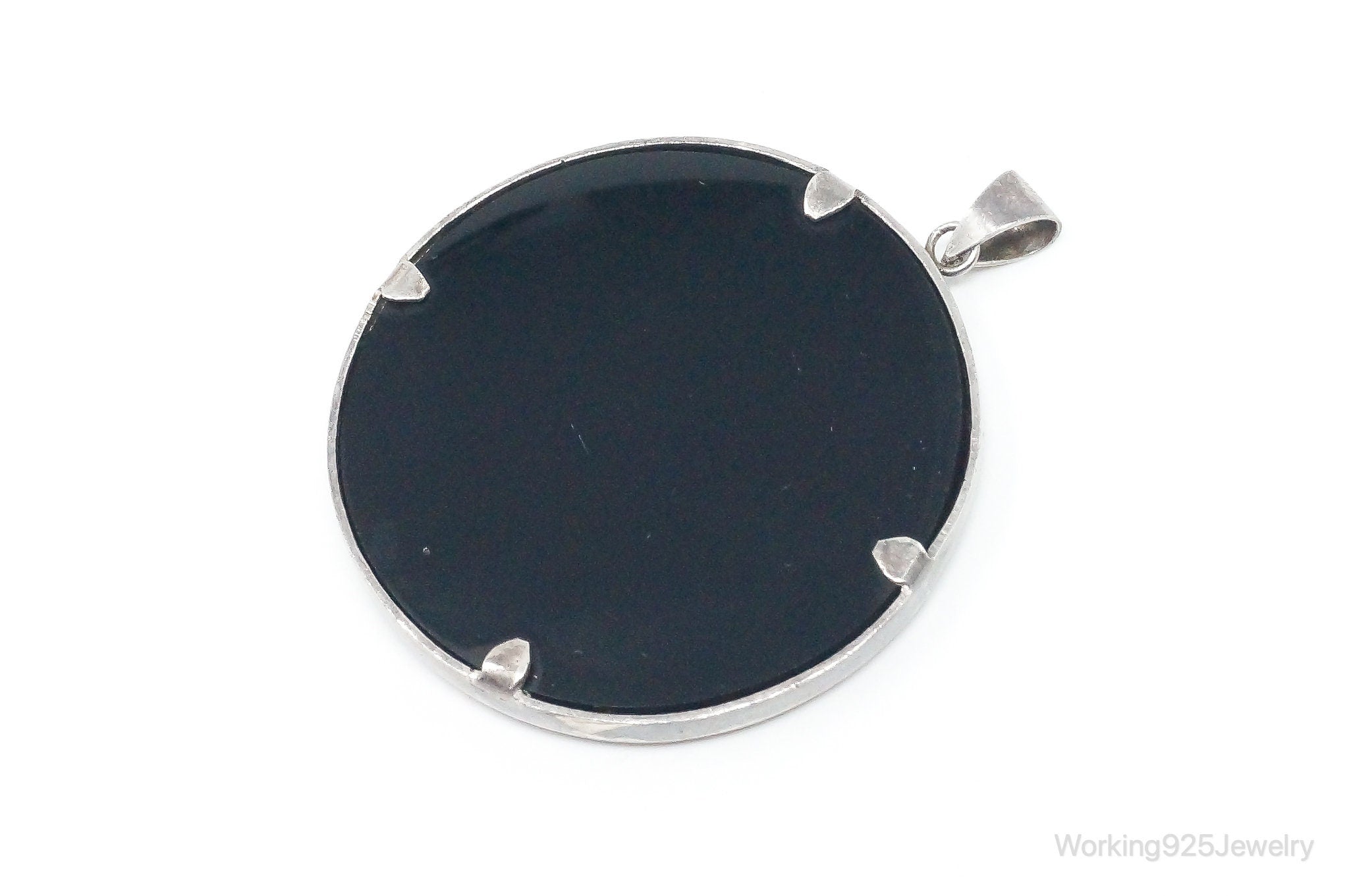 Vintage Large Ruby Black Onyx Etched Birds In Nature Sterling Silver Pendant | Jewelry > Necklaces > Pendants | Wiccan Center