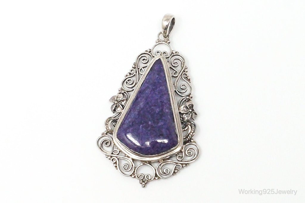 Vintage Purple Charoite Sterling Silver Floral Scroll Statement Necklace Pendant | Jewelry > Necklaces > Pendants | Wiccan Center