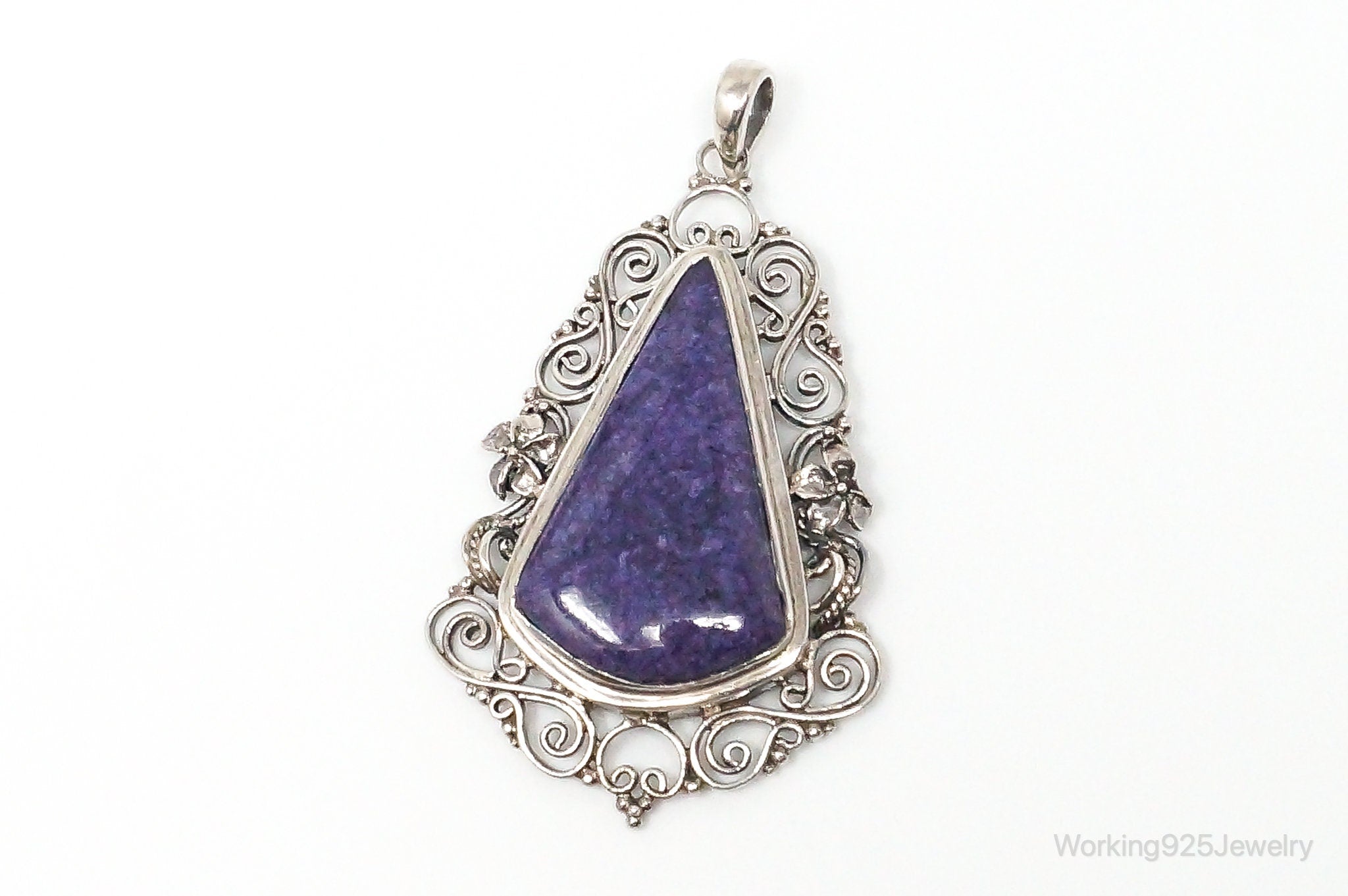 Vintage Purple Charoite Sterling Silver Floral Scroll Statement Necklace Pendant | Jewelry > Necklaces > Pendants | Wiccan Center