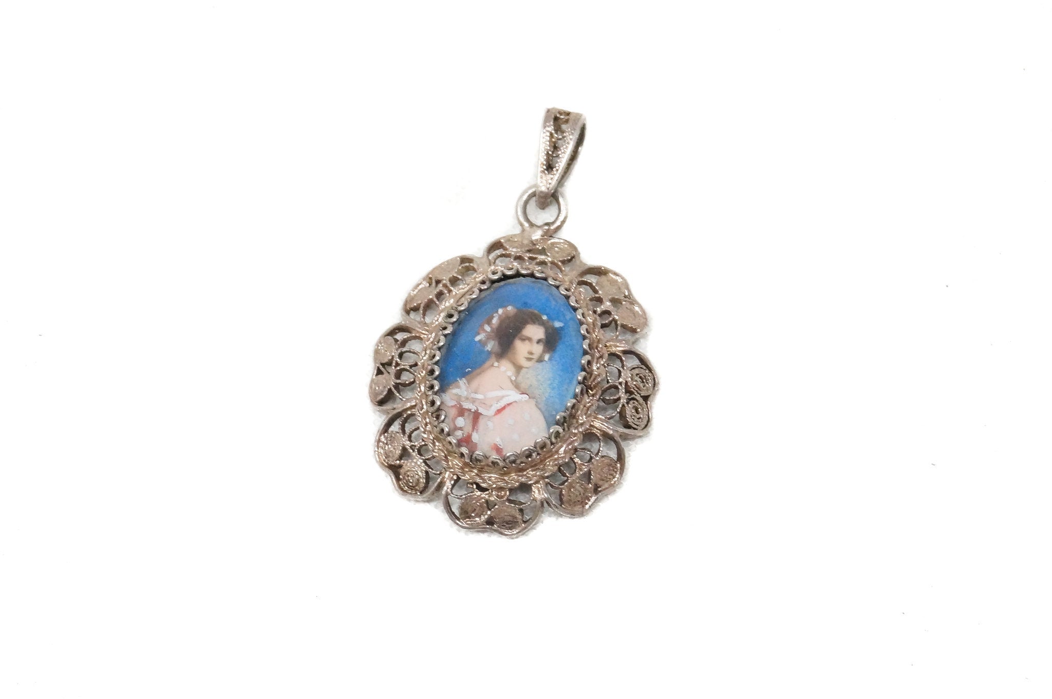 Antique Edwardian Woman Filigree Sterling Silver Necklace Pendant | Jewelry > Necklaces > Pendants | Wiccan Center