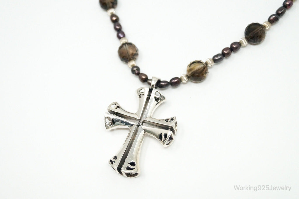 Designer Large Cross Smoky Topaz Pearl Sterling Silver Necklace | Jewelry > Necklaces > Pendants | Wiccan Center