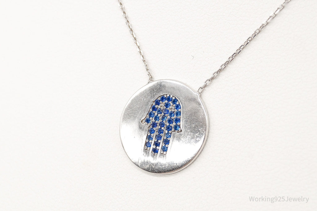 Vintage Blue Cubic Zirconia Hamsa Hand Sterling Silver Necklace | Jewelry > Necklaces > Pendants | Wiccan Center