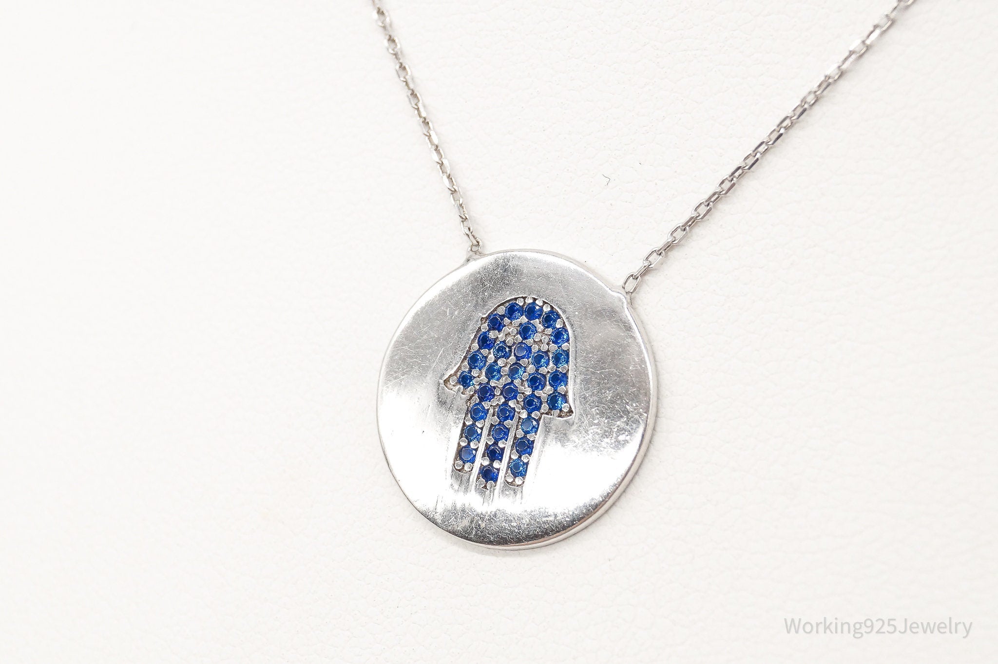 Vintage Blue Cubic Zirconia Hamsa Hand Sterling Silver Necklace | Jewelry > Necklaces > Pendants | Wiccan Center