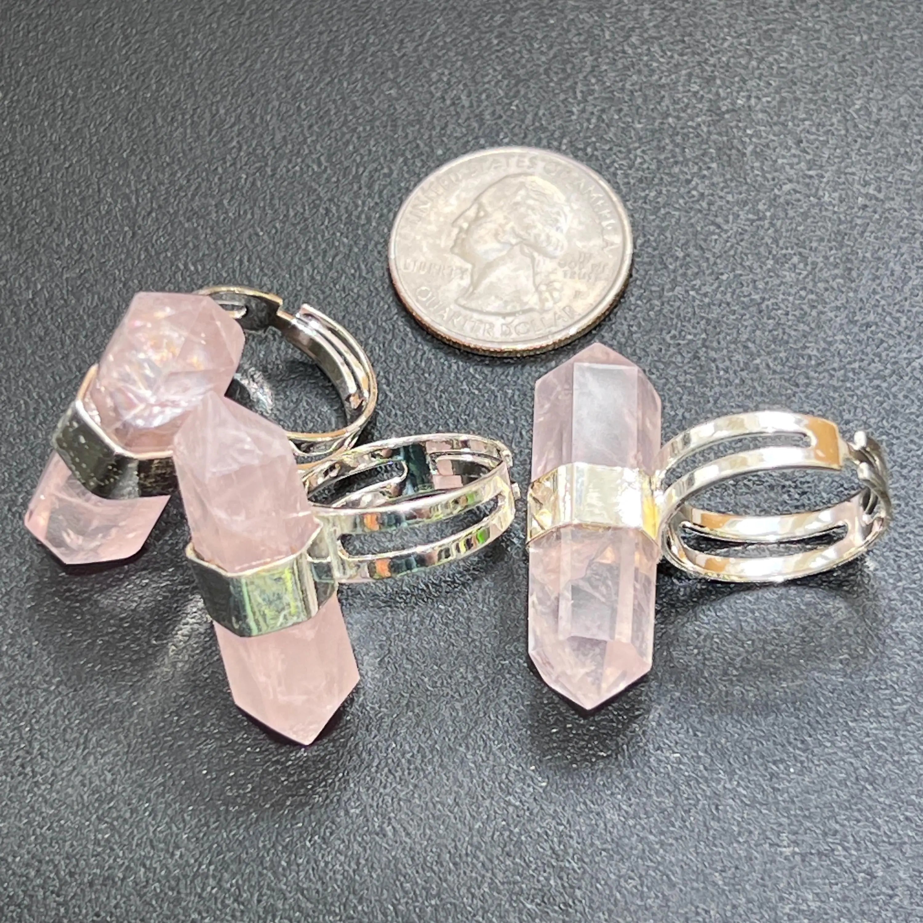 Pink Rose Quartz Crystal Point Adjustable Ring (Silver Plated) Costume Jewelry Supply | Jewelry > Bracelets > Cuff Bracelets | Wiccan Center