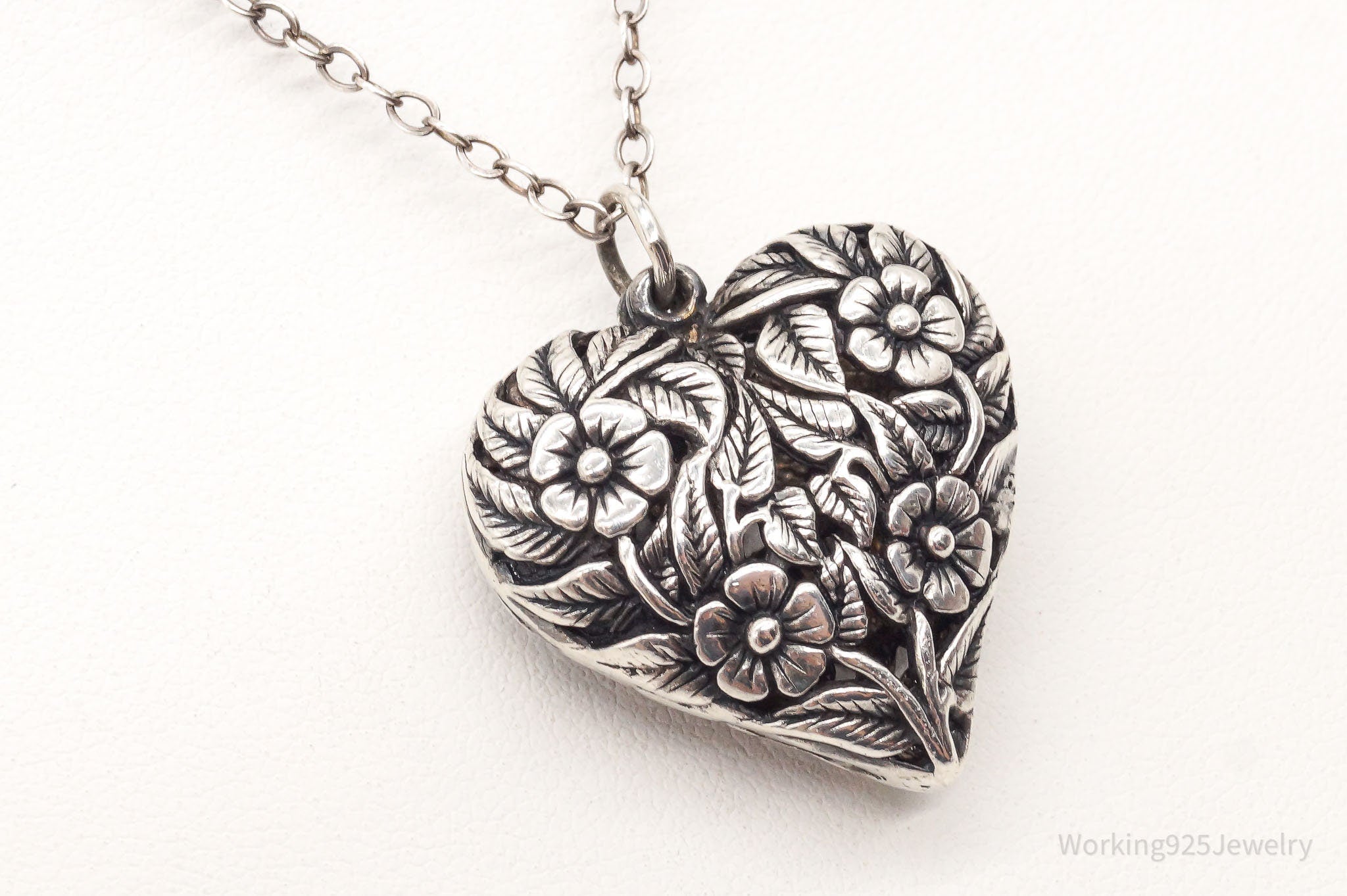 Vintage Large Heart and Flowers Sterling Silver Necklace | Jewelry > Necklaces > Pendants | Wiccan Center
