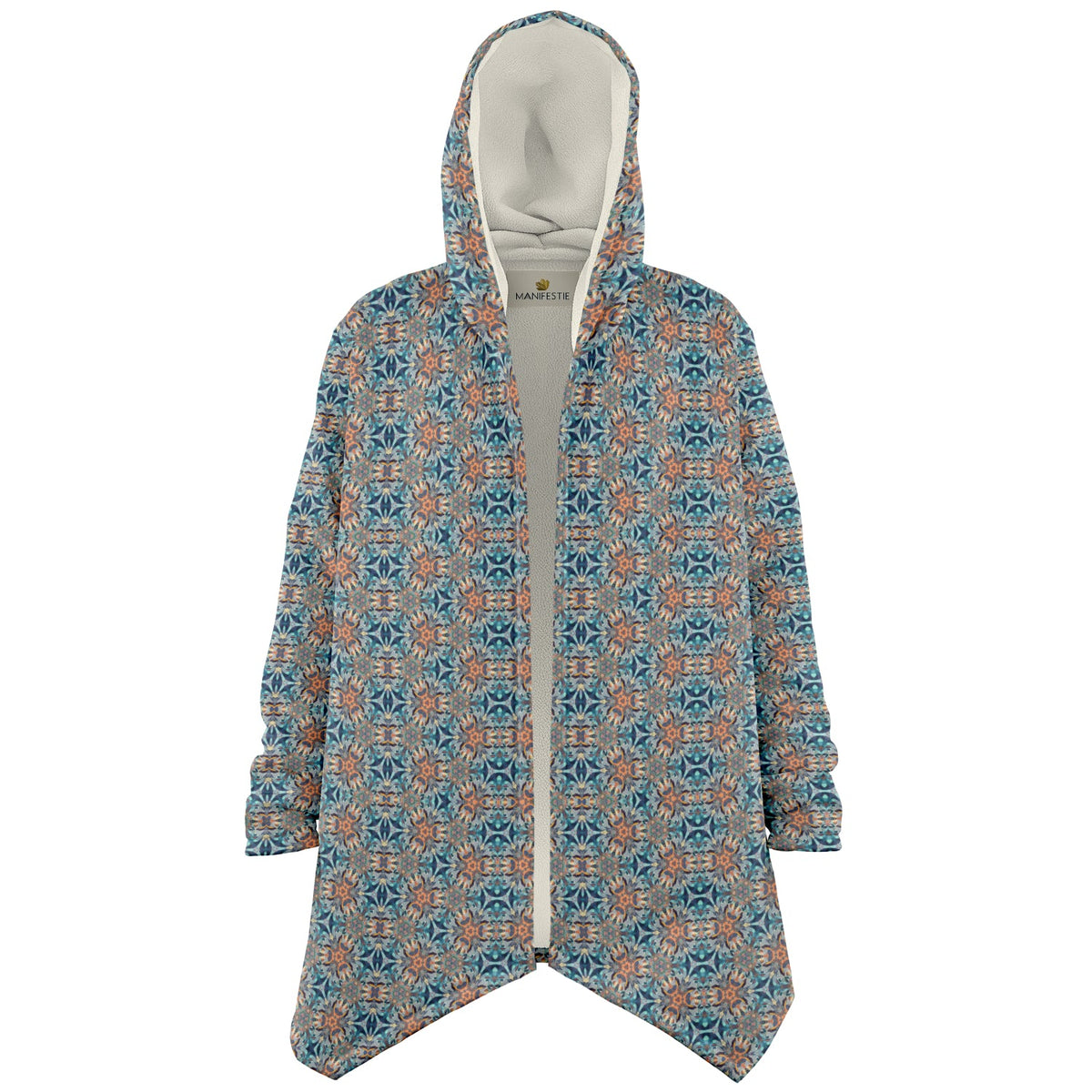 Mystic Mirror Cuddle Cloak | Orange, Blue Face | Unisex Minky Sherpa Lined Hooded Coat | Women and Mens Festival Coat | Mountain Fashion | Microfleece Cloak - AOP | Wiccan Center