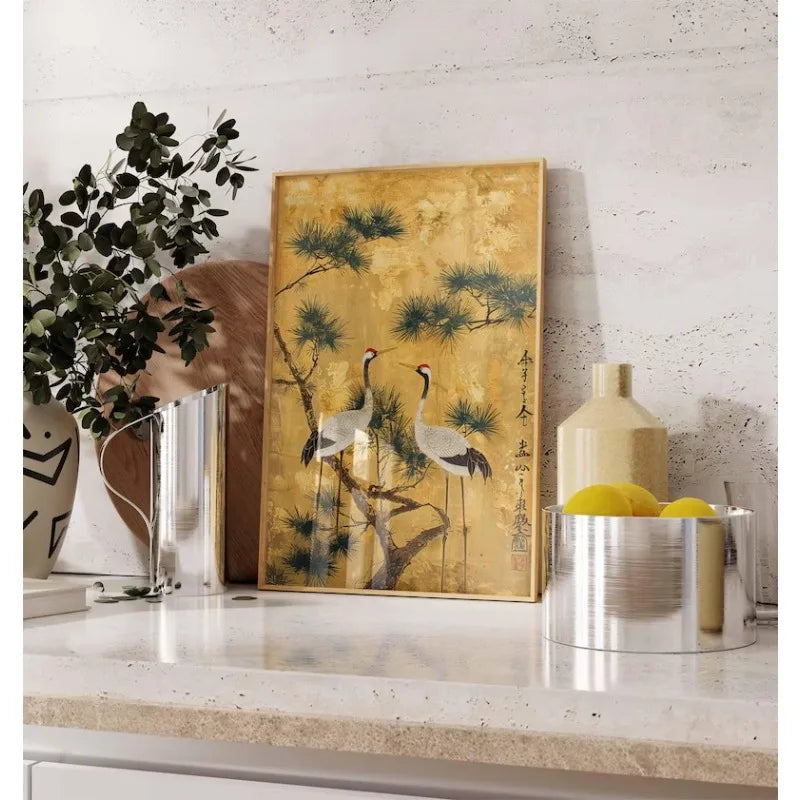 Japanese Elegant Crane Birds Nature Poster Flying Cranes in Gold and White Canvas Painting Asian Wall Art Living Room Home Decor