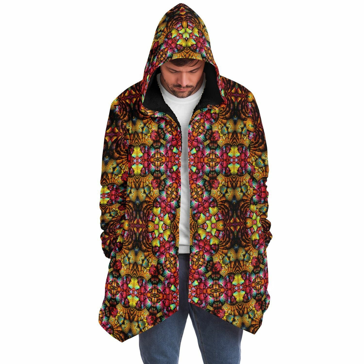 Fractal Glass Cuddle Cloak | Unisex Minky Sherpa Lined Hooded Coat | Women and Mens Festival Coat | Mountain Fashion | Microfleece Cloak - AOP | Wiccan Center