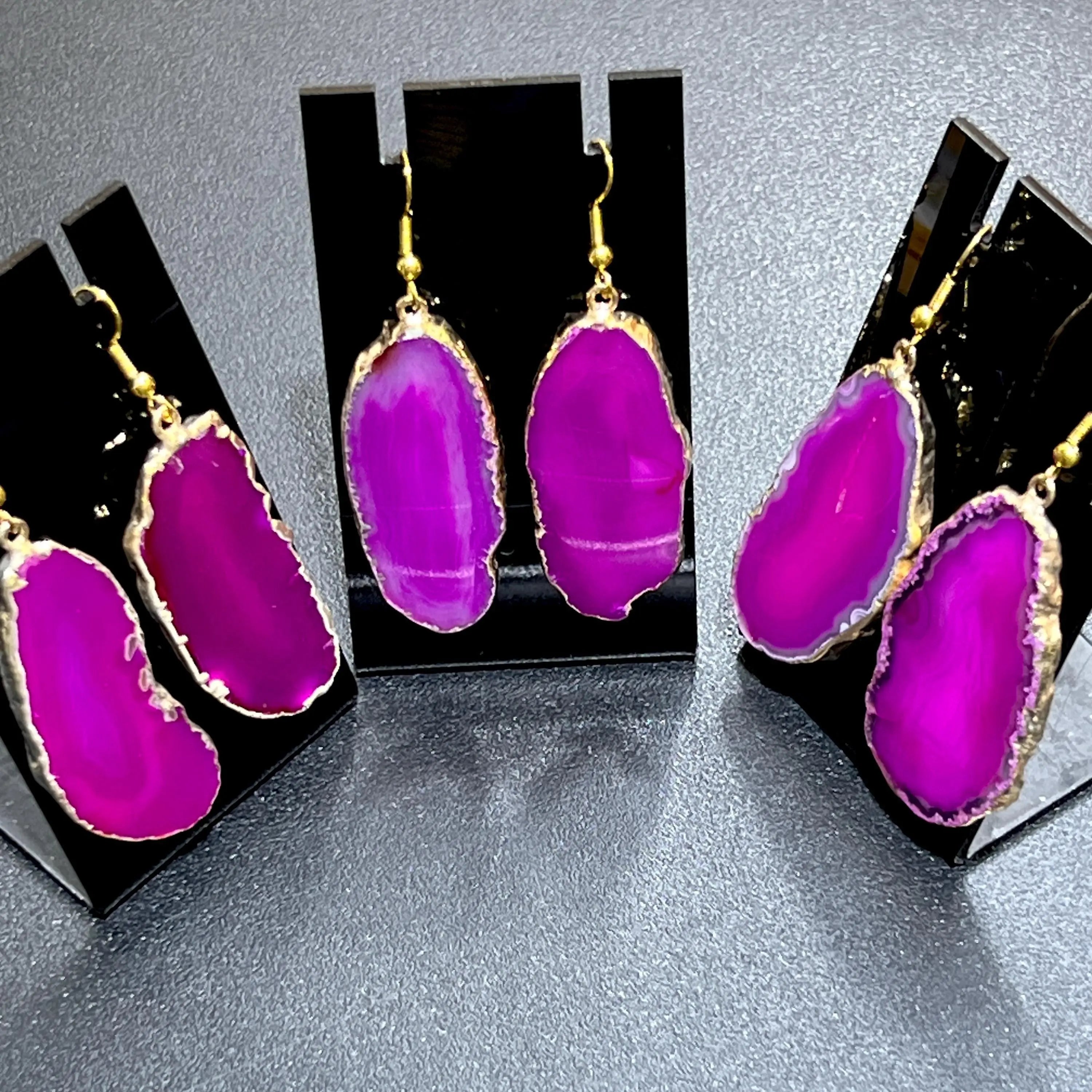 Pink Agate Slice Earrings Pair (Gold Plated Edges) Wholesale Gemstone Jewelry | Jewelry > Earrings > Dangle & Drop Earrings | Wiccan Center