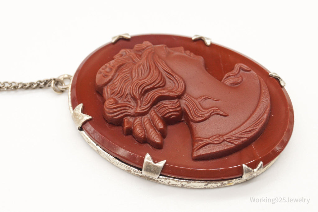 Antique Large Carved Stone Lady Cameo Sterling Silver Necklace | Jewelry > Necklaces > Pendants | Wiccan Center