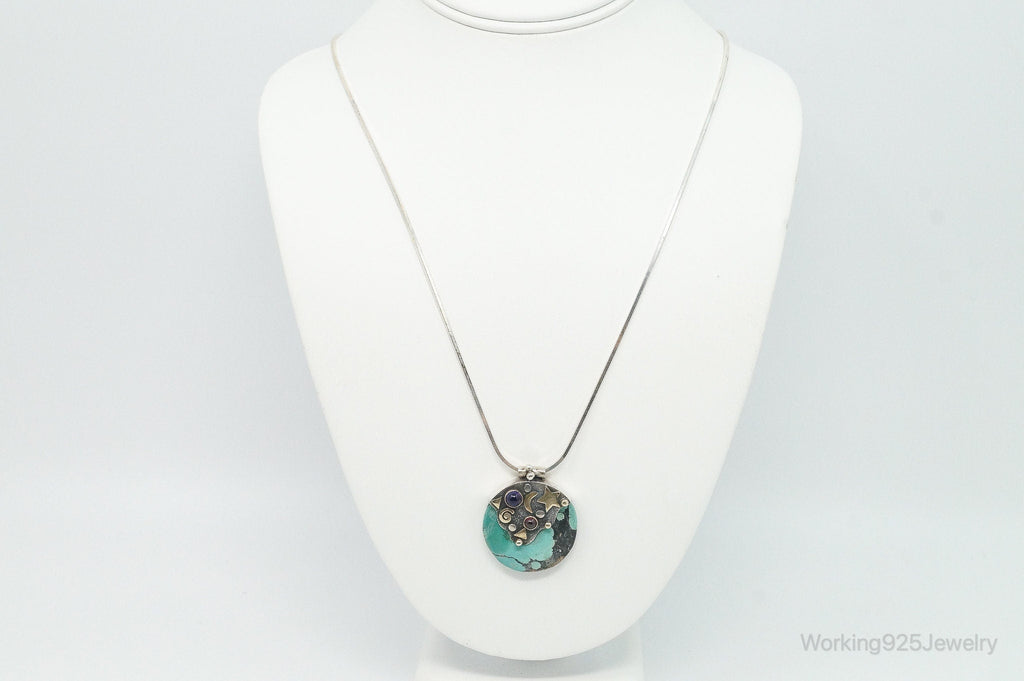 Vintage Brass Amethyst Rhodolite Garnet Turquoise Sterling Silver Necklace | Jewelry > Necklaces > Pendants | Wiccan Center