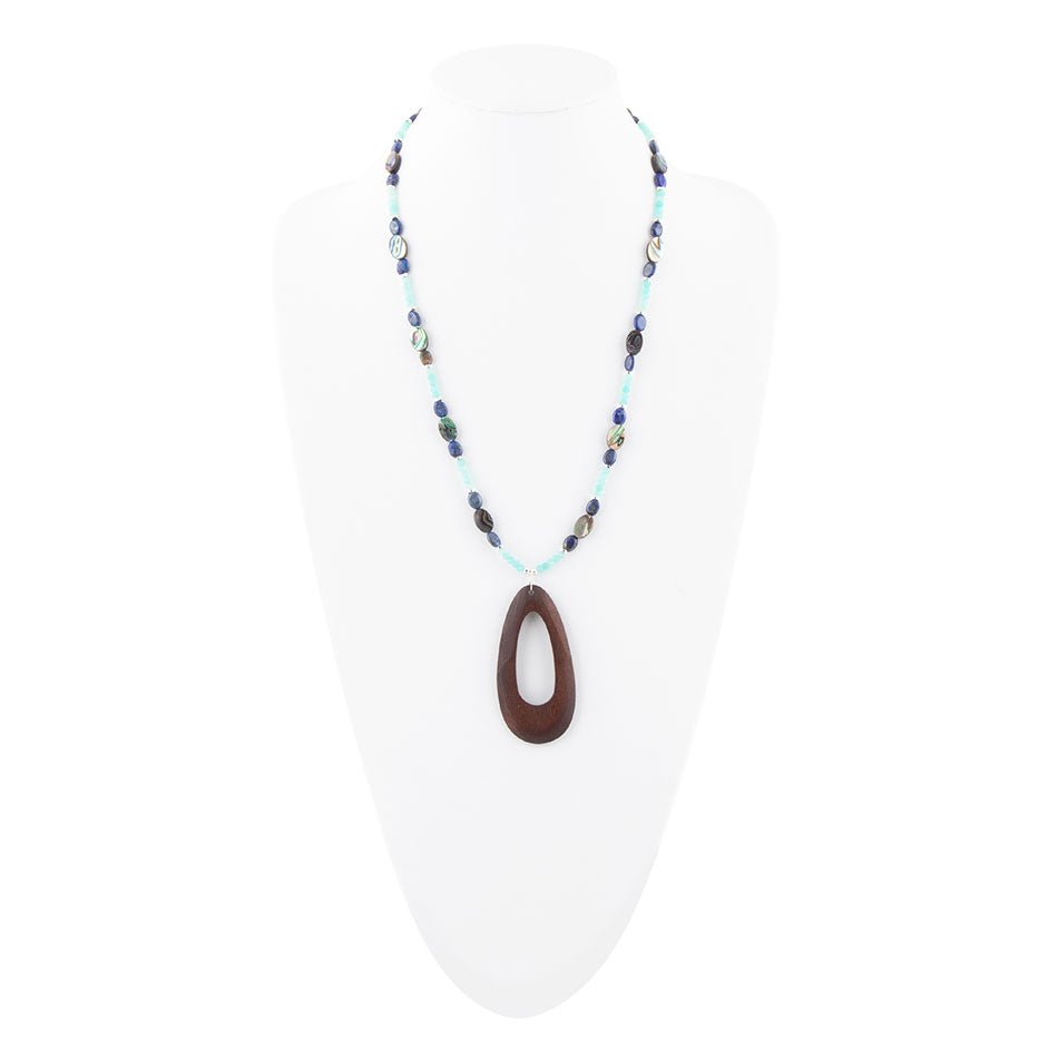 Ajo Blue Abalone and Amazonite Wood Pendant Necklace | Necklaces | Wiccan Center