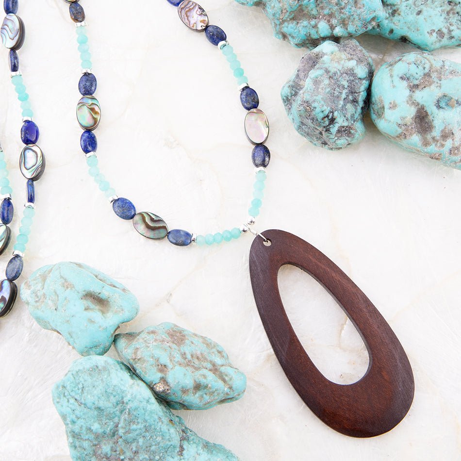Ajo Blue Abalone and Amazonite Wood Pendant Necklace | Necklaces | Wiccan Center