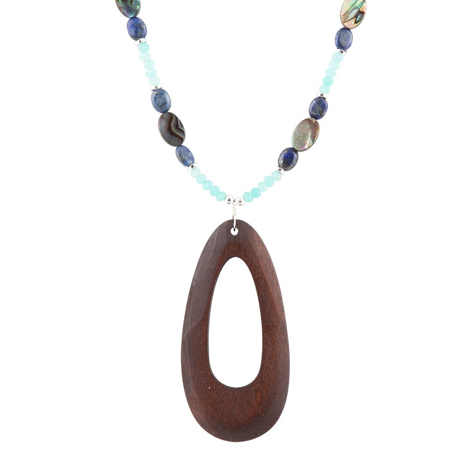 Ajo Blue Abalone and Amazonite Wood Pendant Necklace | Necklaces | Wiccan Center