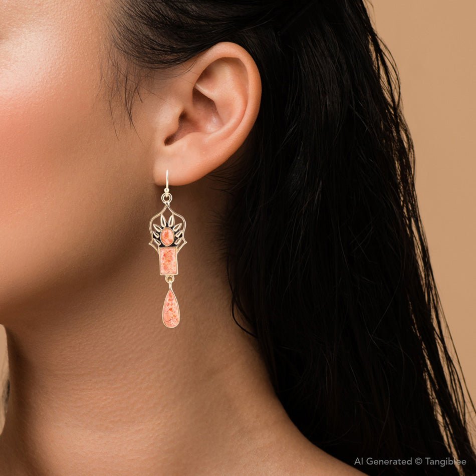 Albie Orange Sponge Coral and Golden Drop Earrings | Earrings | Wiccan Center