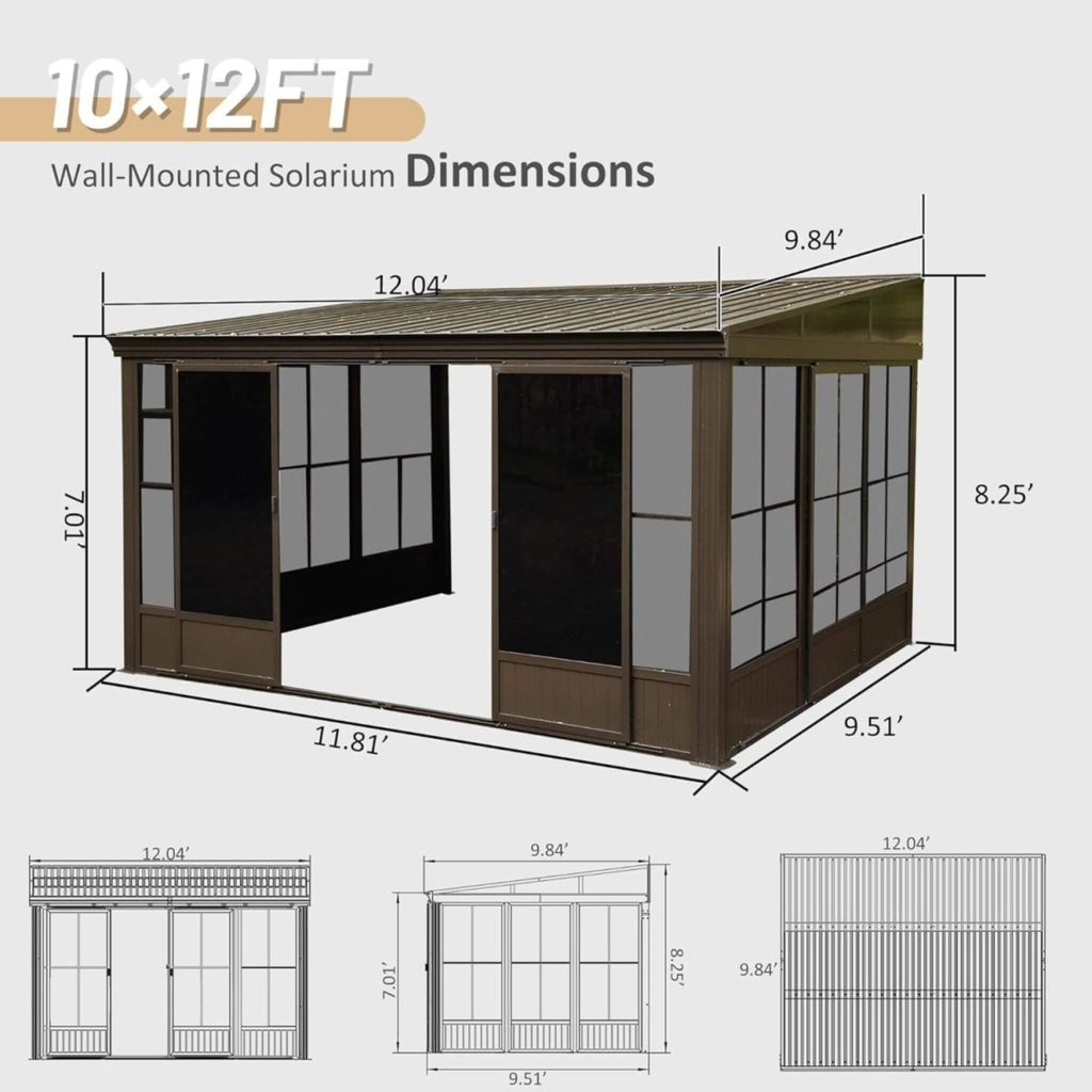 [10X12FT] Alora Atrium Premium Against Wall Mounted Solarium Sunroom With Galvanized Steel Sloping Roof (SAK96375) | Sunrooms | Wiccan Center