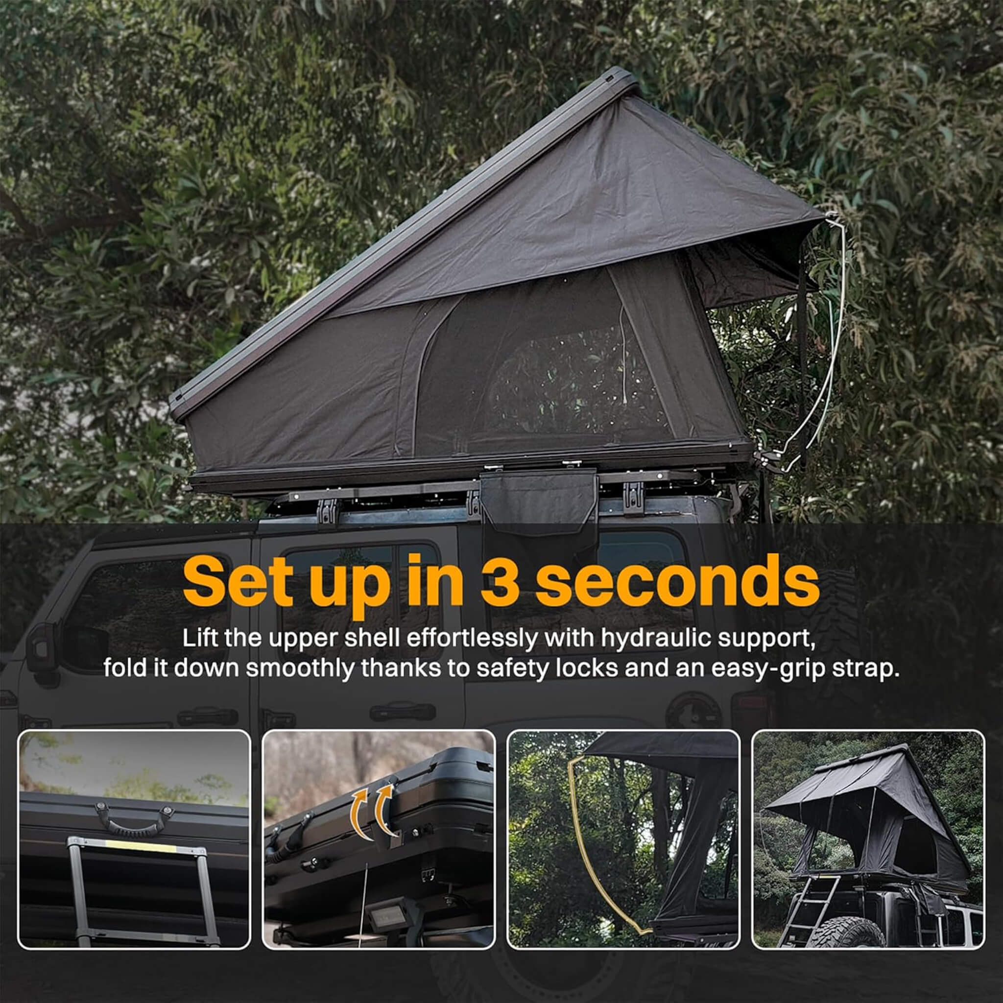 Trailora Nova Aluminum Hard Shell Rooftop Tent With Ladder, Tri-Color LED Lighting, And Memory Foam Mattress [2-3 People] (SAK57409) | Rooftop Tents | Wiccan Center