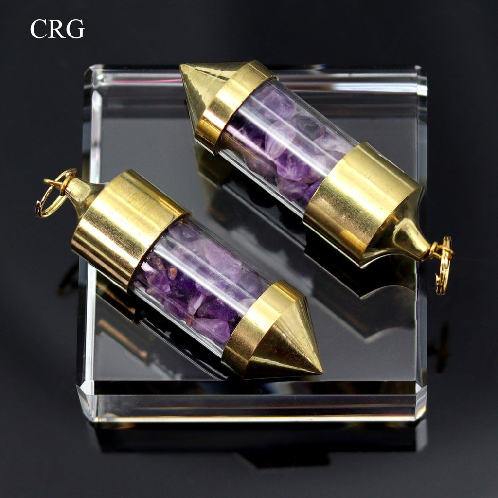 Amethyst Gemstone Chips in Gold-Plated Bottle Pendant (2 Pieces) Size 2.5 Inches