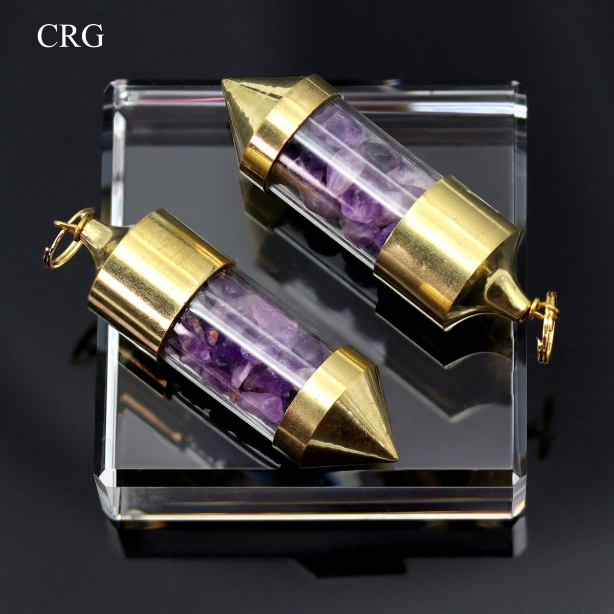 Amethyst Gemstone Chips in Gold-Plated Bottle Pendant (2 Pieces) Size 2.5 Inches