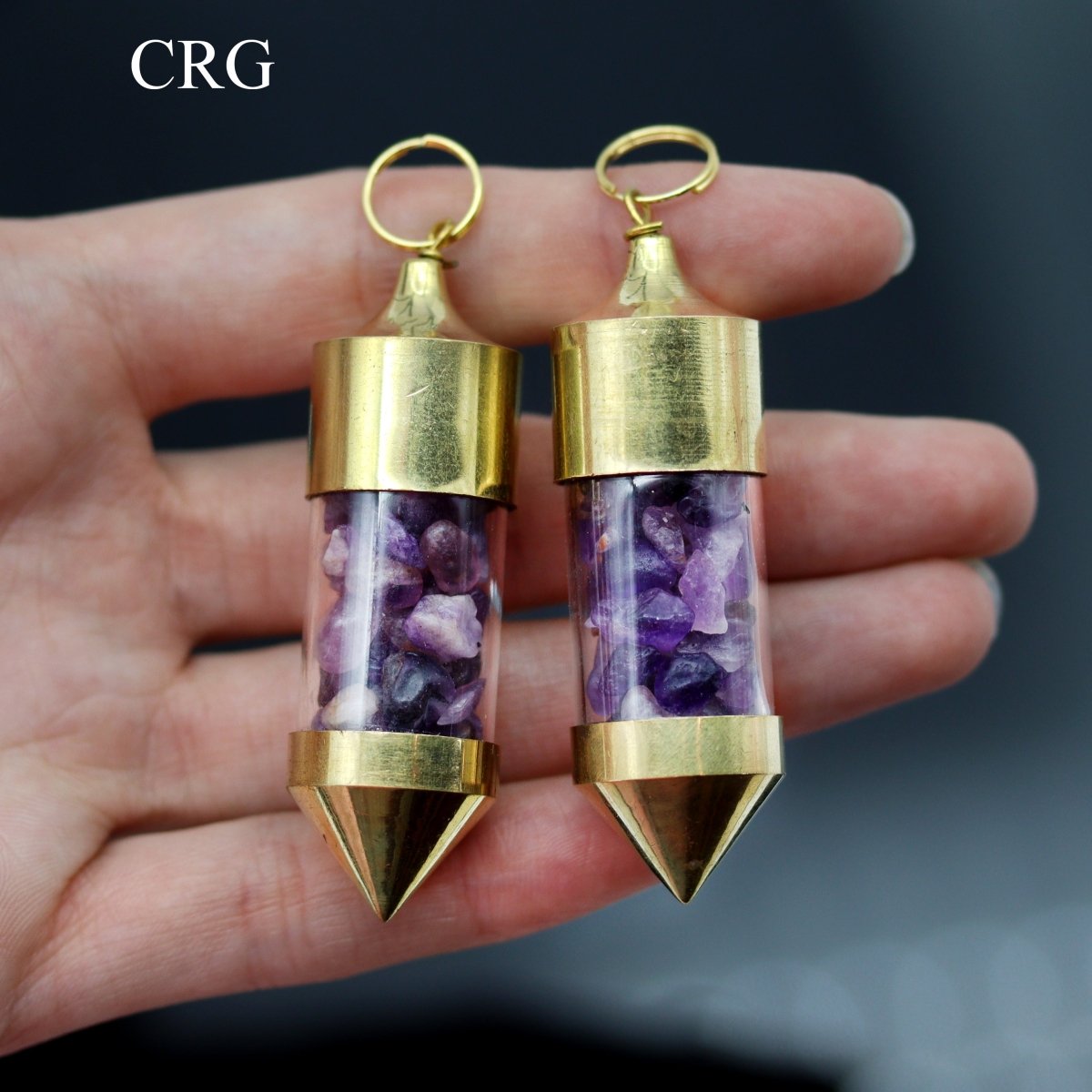 Amethyst Gemstone Chips in Gold-Plated Bottle Pendant (2 Pieces) Size 2.5 Inches