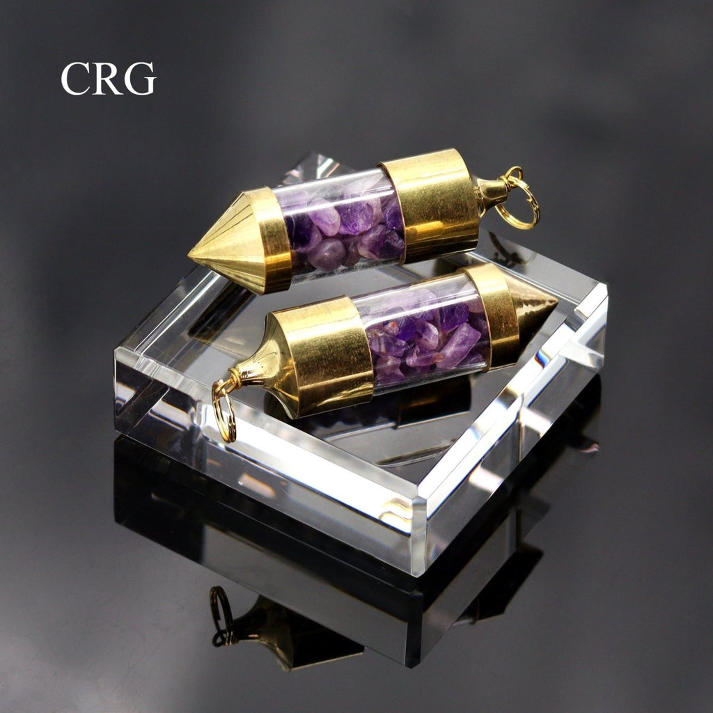 Amethyst Gemstone Chips in Gold-Plated Bottle Pendant (2 Pieces) Size 2.5 Inches