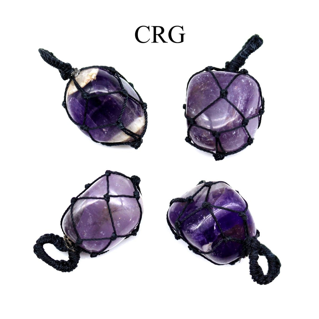 Amethyst Tumbled Black Cord Macramé Pendant (1 Inch) (5 Pieces)