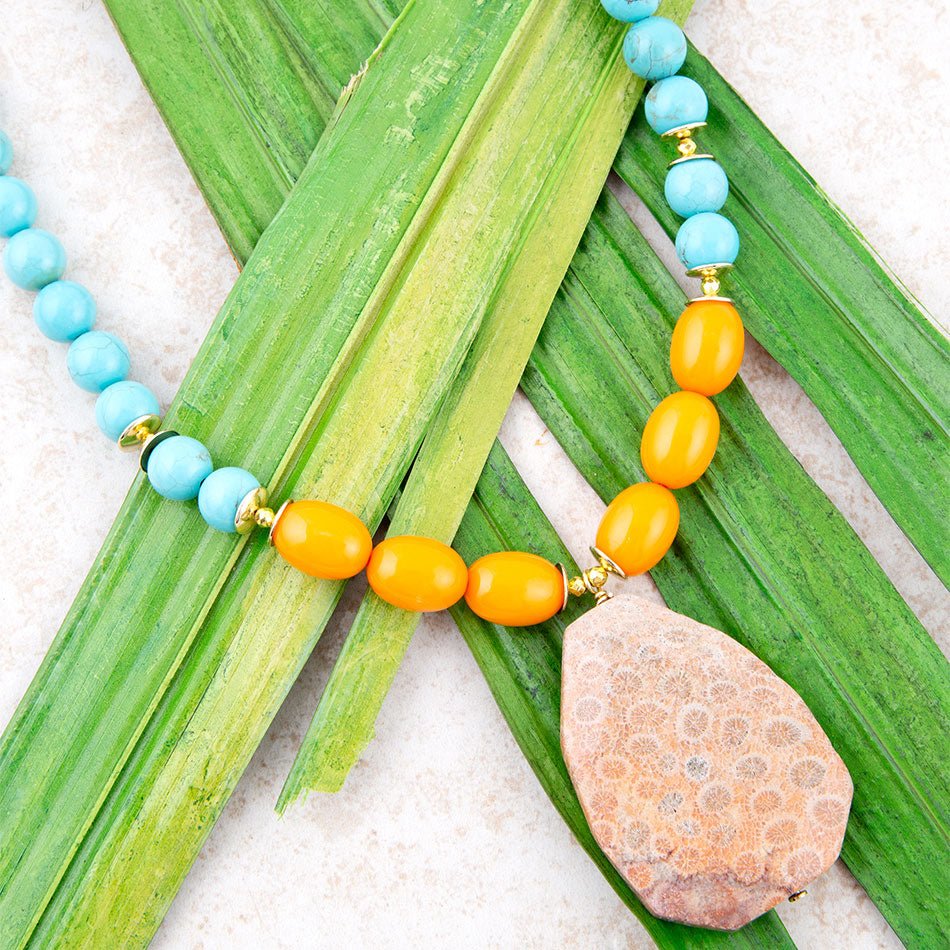 Apricot Fossil Blue Magnesite Golden Pendant Necklace | Necklace | Wiccan Center