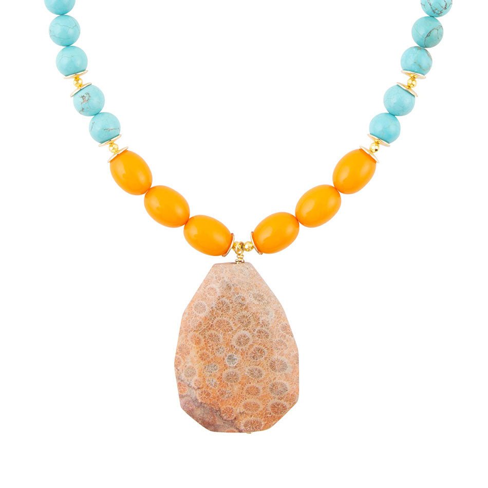 Apricot Fossil Blue Magnesite Golden Pendant Necklace | Necklace | Wiccan Center