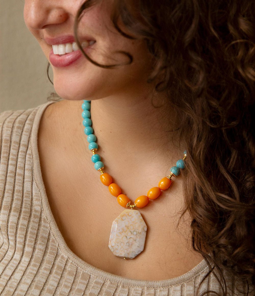 Apricot Fossil Blue Magnesite Golden Pendant Necklace | Necklace | Wiccan Center