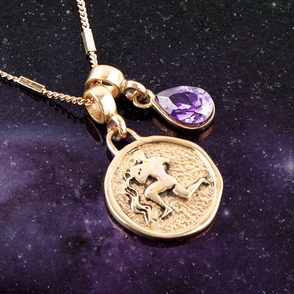 Aquarius - Zodiac Purple Amethyst Golden Charm Necklace | Necklaces | Wiccan Center