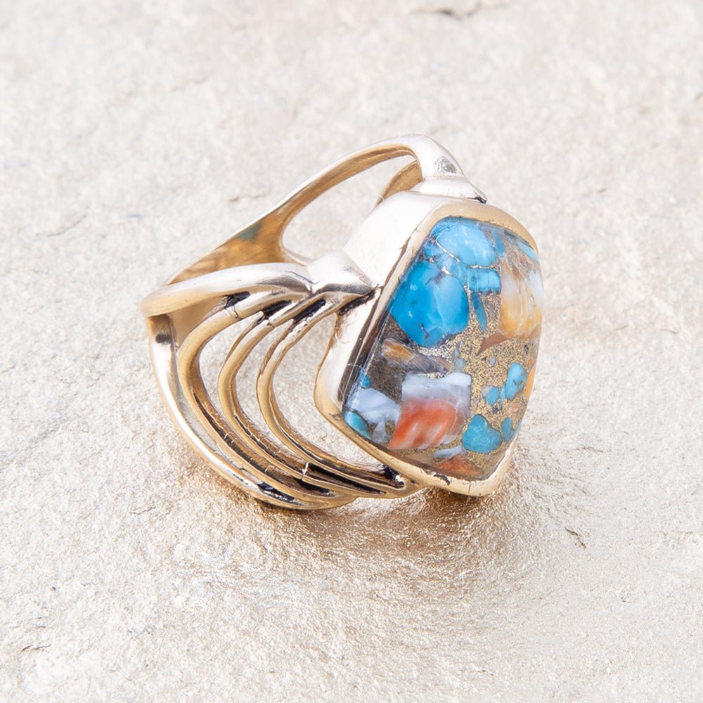 Arrows Blue Turquoise and Orange Spiny Oyster Matrix Golden Ring | Rings | Wiccan Center