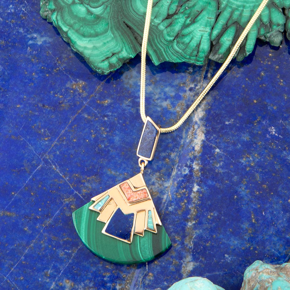 Art Deco Colorful Inlay Golden Pendant Necklace | Necklaces | Wiccan Center