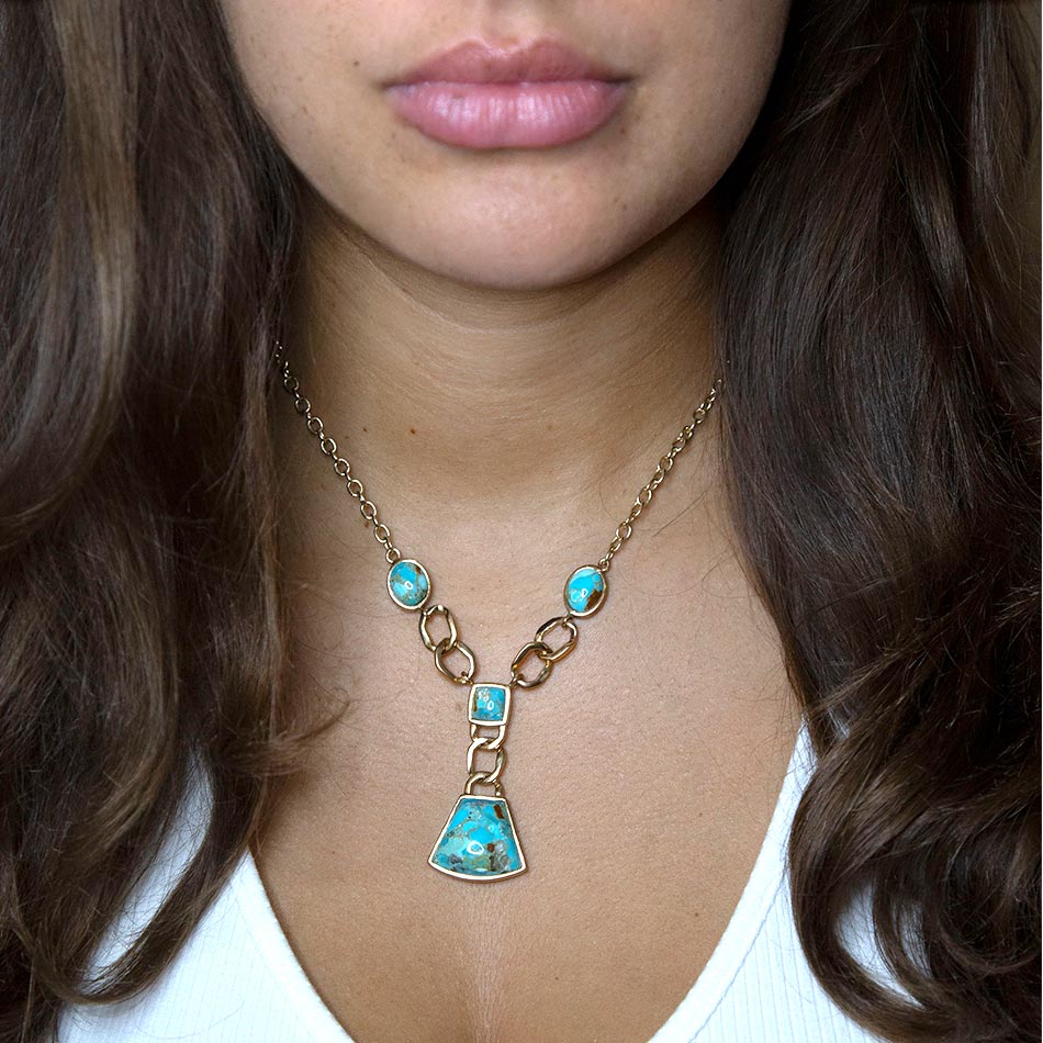 Athena Blue Turquoise Golden Y Neck Necklace | Necklaces | Wiccan Center