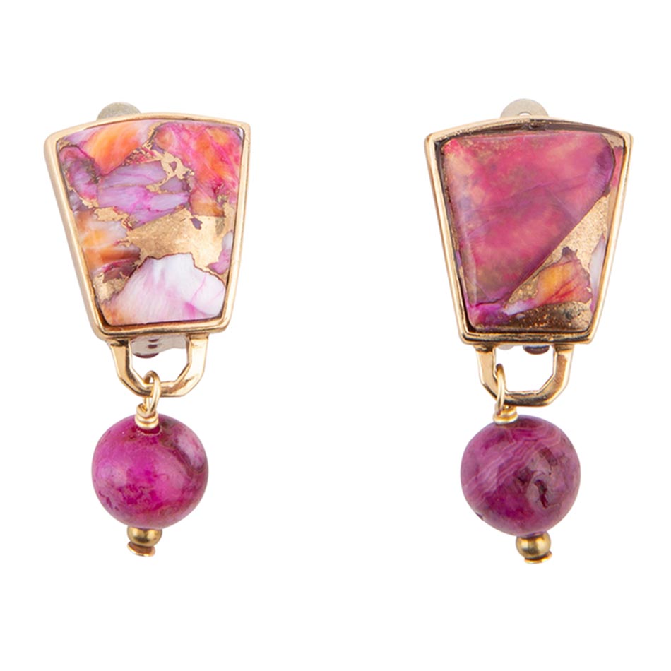 Athena Pink Spiny Oyster Matrix Golden Clip Earrings | Earrings | Wiccan Center