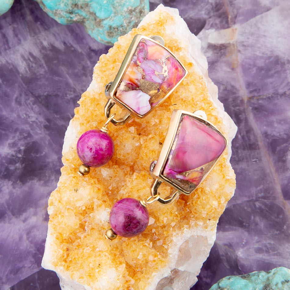 Athena Pink Spiny Oyster Matrix Golden Clip Earrings | Earrings | Wiccan Center