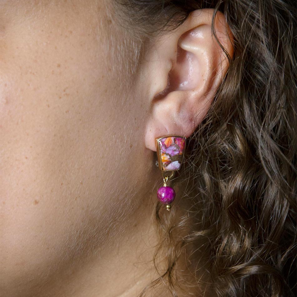 Athena Pink Spiny Oyster Matrix Golden Clip Earrings | Earrings | Wiccan Center