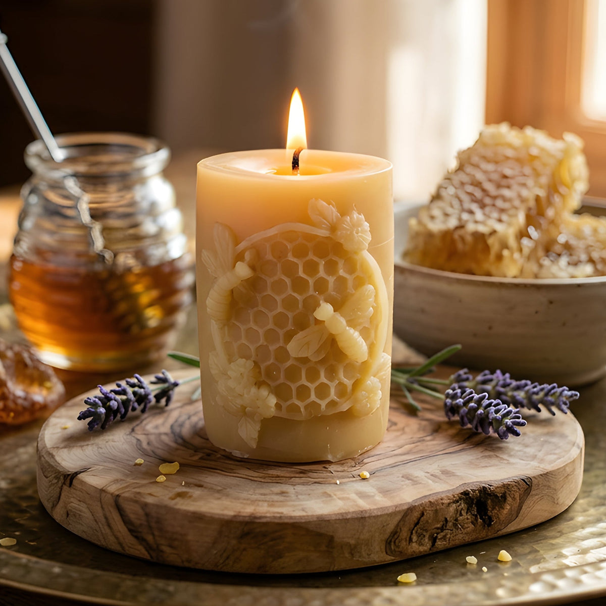 Golden Hivelet Beeswax Pillar Candle Beehive Inspired | Pillar Candles | Wiccan Center