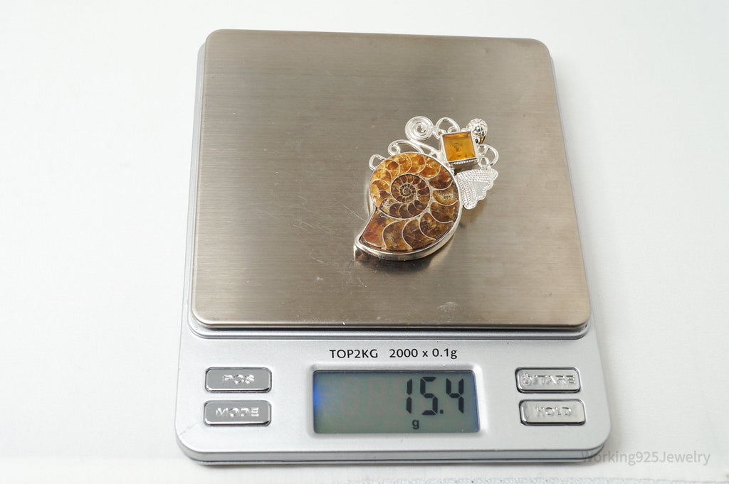 Vintage Large Ammonite Fossil Shell Citrine Sterling Silver Necklace Pendant | Jewelry > Necklaces > Pendants | Wiccan Center