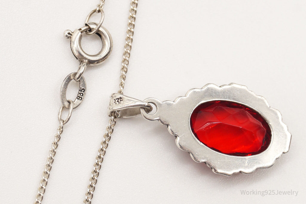Antique Ruby Color Glass Floral Design 835 Silver Necklace | Jewelry > Necklaces > Pendants | Wiccan Center