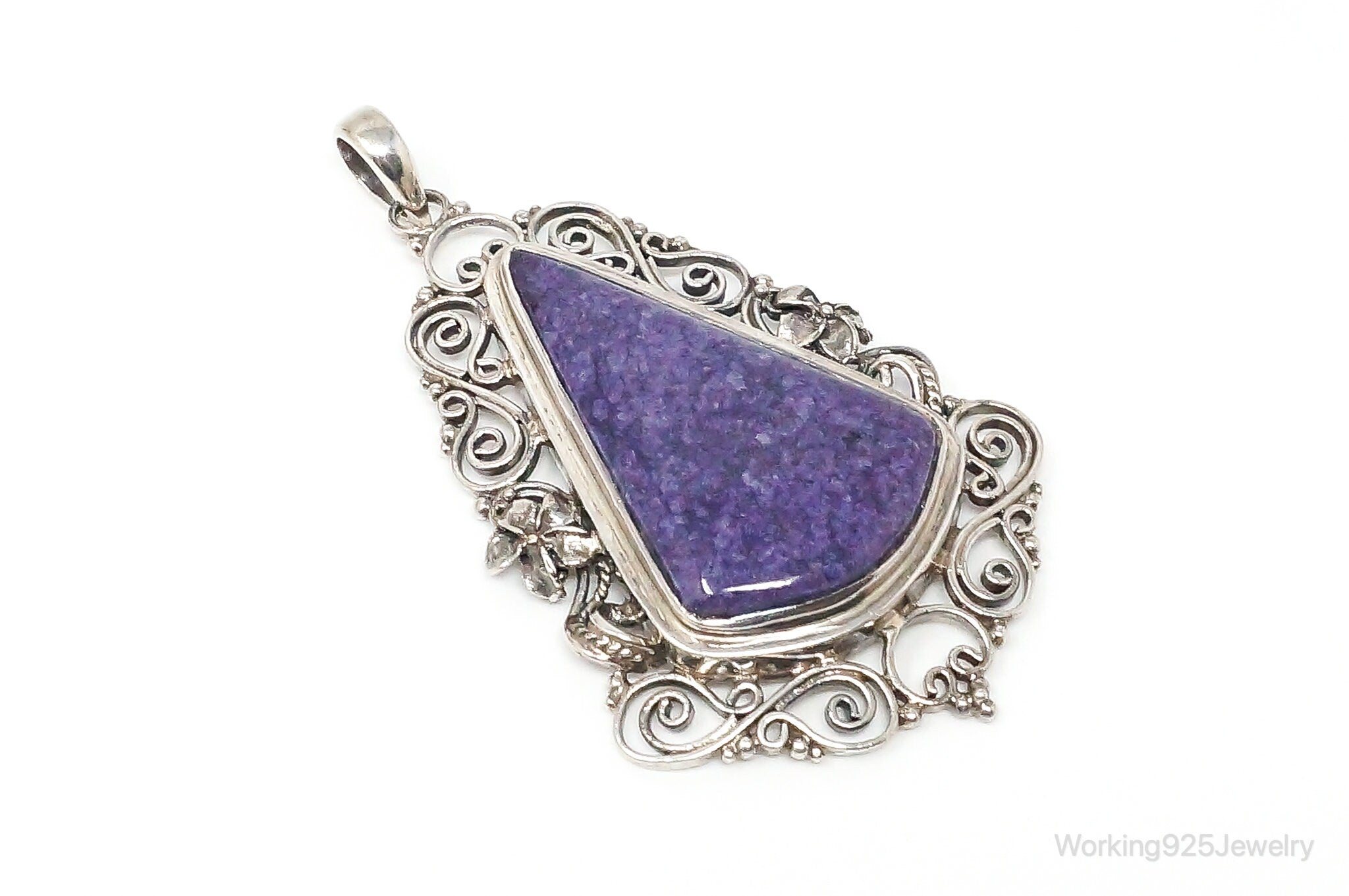 Vintage Purple Charoite Sterling Silver Floral Scroll Statement Necklace Pendant | Jewelry > Necklaces > Pendants | Wiccan Center